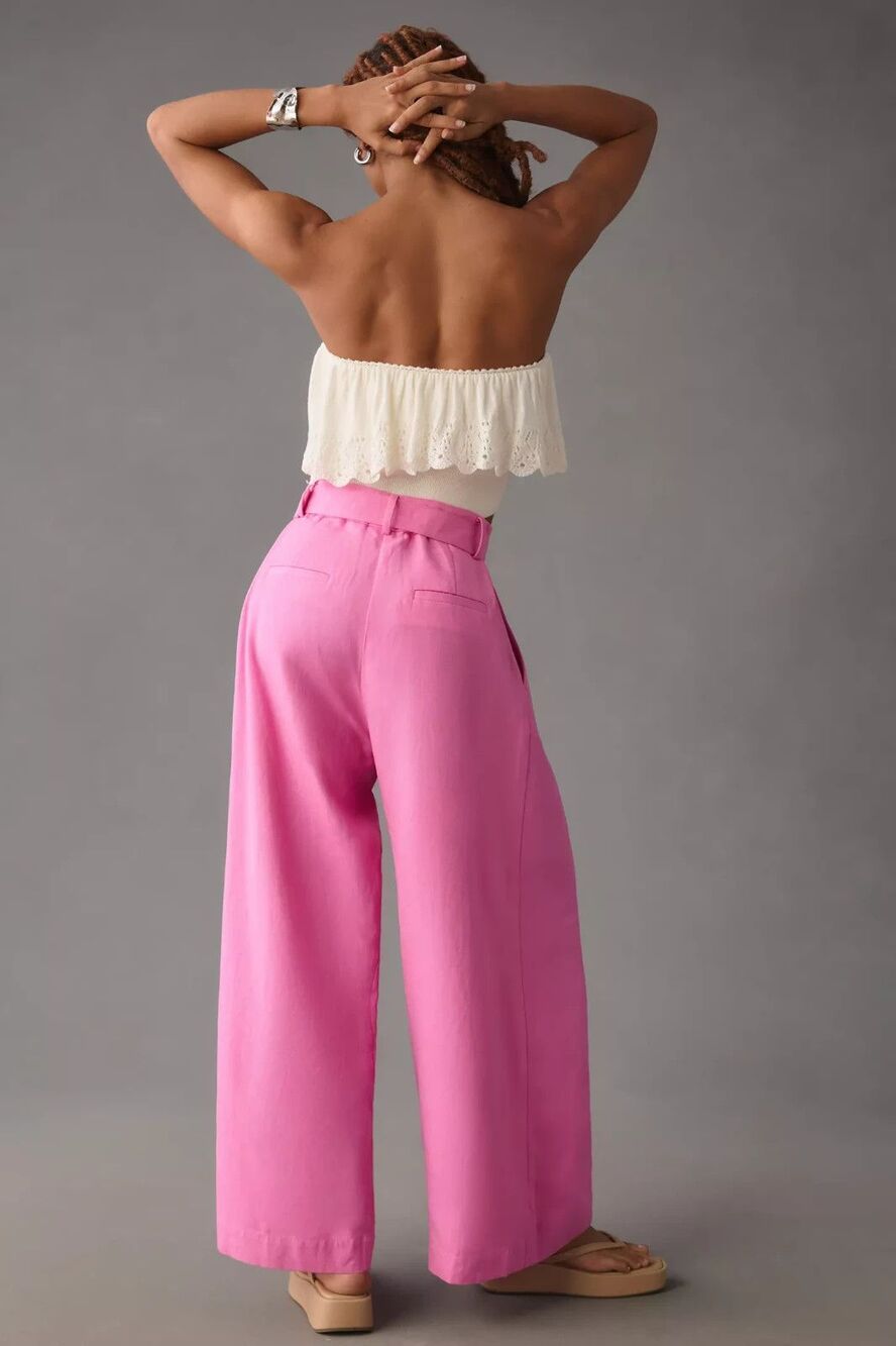 Farm Rio Tailored Wide Leg Pants trousers Belted in Pink Medium New - Picture 3 of 8
